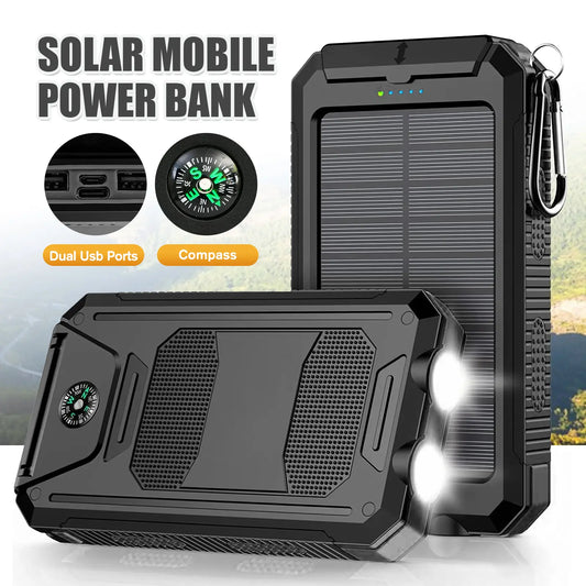 Solar Charger Power Bank 10000Mah, Built-In Super Bright Flashlight, Compass, Dual USB Output Ports Power Bank, Portable Charger for Android, Iphone, Suitable for Outdoor Camping, Suitable for Summer and Mother'S Day Gift.