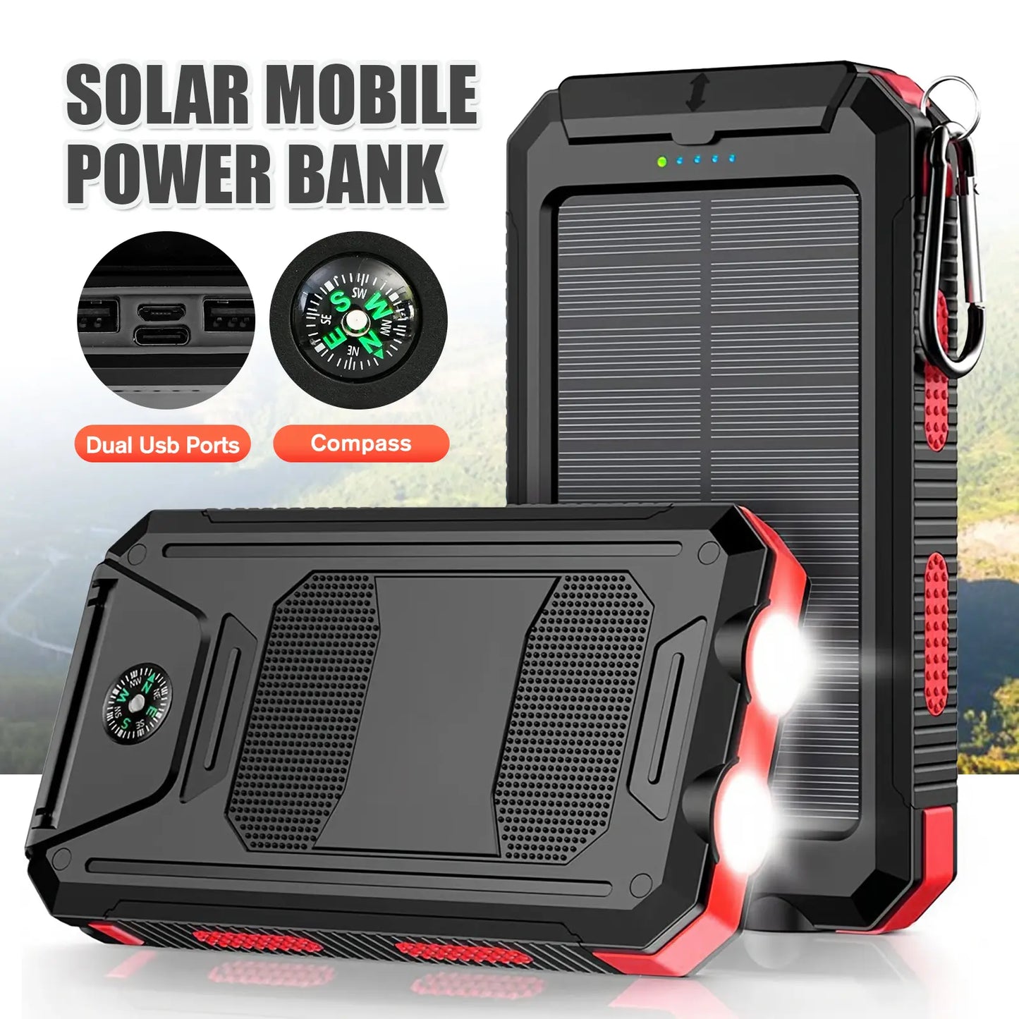 Solar Charger Power Bank 10000Mah, Built-In Super Bright Flashlight, Compass, Dual USB Output Ports Power Bank, Portable Charger for Android, Iphone, Suitable for Outdoor Camping, Suitable for Summer and Mother'S Day Gift.