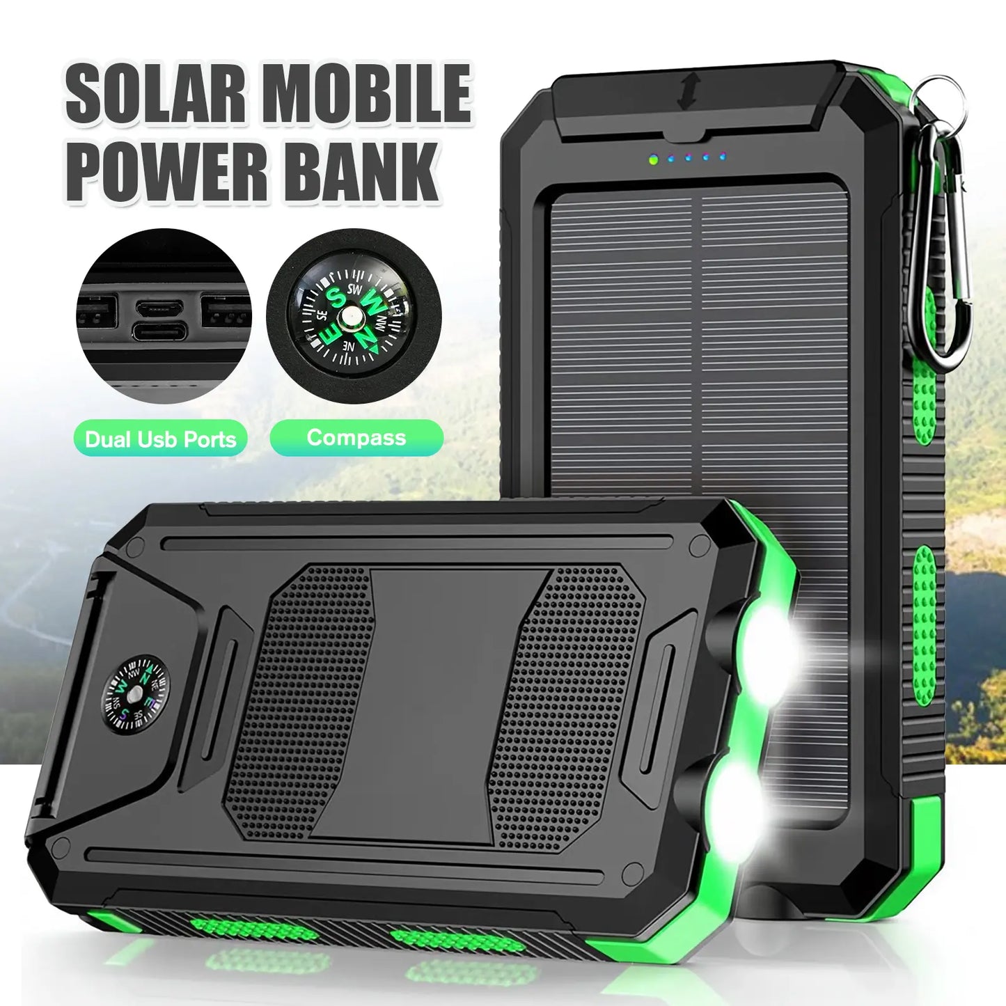 Solar Charger Power Bank 10000Mah, Built-In Super Bright Flashlight, Compass, Dual USB Output Ports Power Bank, Portable Charger for Android, Iphone, Suitable for Outdoor Camping, Suitable for Summer and Mother'S Day Gift.