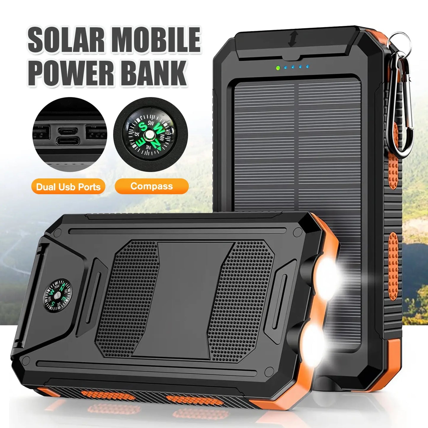 Solar Charger Power Bank 10000Mah, Built-In Super Bright Flashlight, Compass, Dual USB Output Ports Power Bank, Portable Charger for Android, Iphone, Suitable for Outdoor Camping, Suitable for Summer and Mother'S Day Gift.