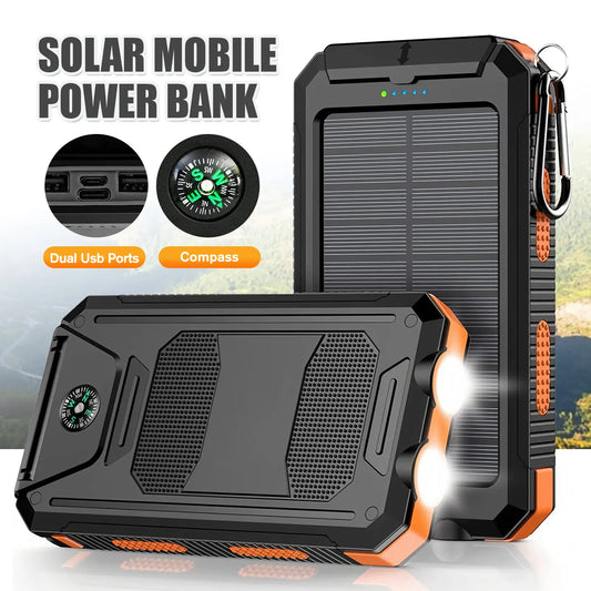 Solar Charger Power Bank 10000Mah, Built-In Super Bright Flashlight, Compass, Dual USB Output Ports Power Bank, Portable Charger for Android, Iphone, Suitable for Outdoor Camping, Suitable for Summer and Mother'S Day Gift.