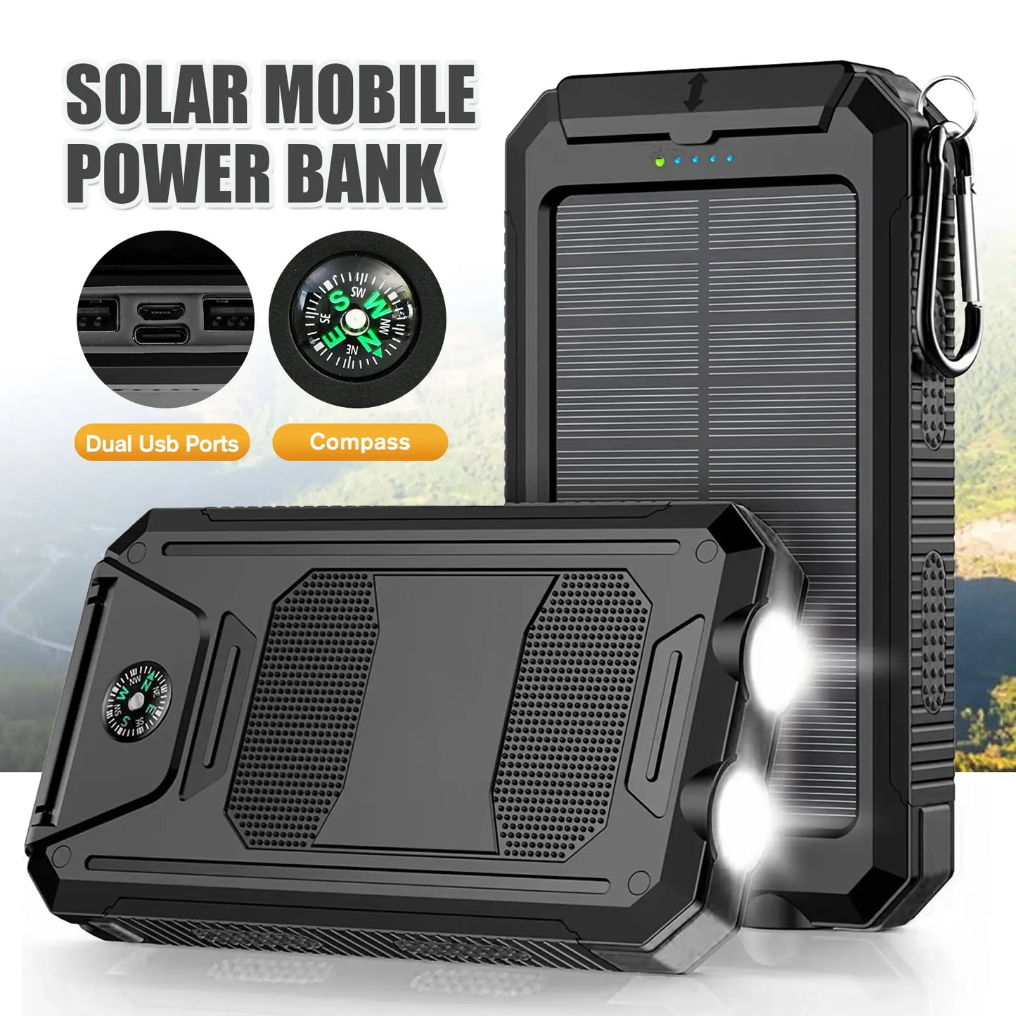 Solar Charger Power Bank 10000Mah, Built-In Super Bright Flashlight, Compass, Dual USB Output Ports Power Bank, Portable Charger for Android, Iphone, Suitable for Outdoor Camping, Suitable for Summer and Mother'S Day Gift.