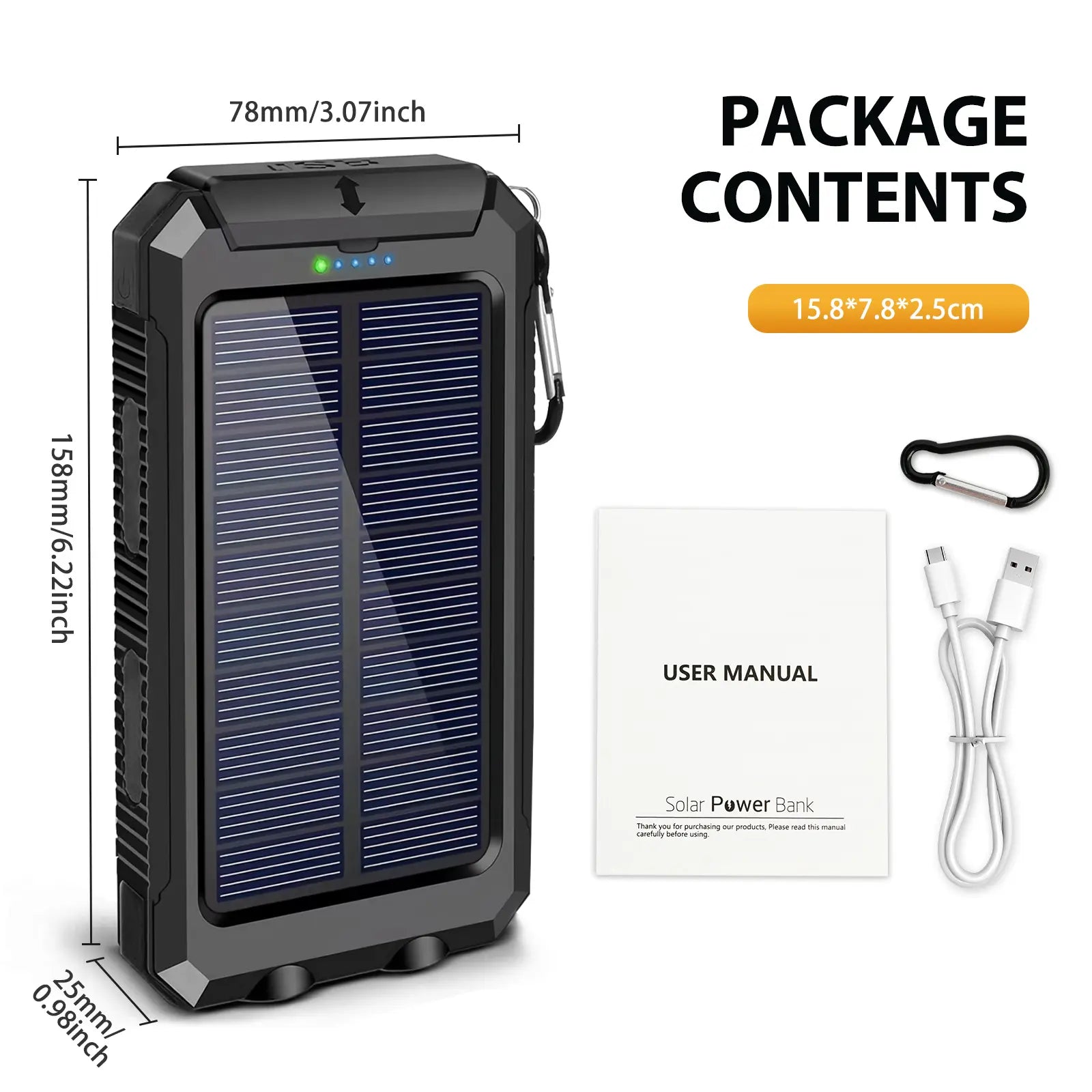 Solar Charger Power Bank 10000Mah, Built-In Super Bright Flashlight, Compass, Dual USB Output Ports Power Bank, Portable Charger for Android, Iphone, Suitable for Outdoor Camping, Suitable for Summer and Mother'S Day Gift.