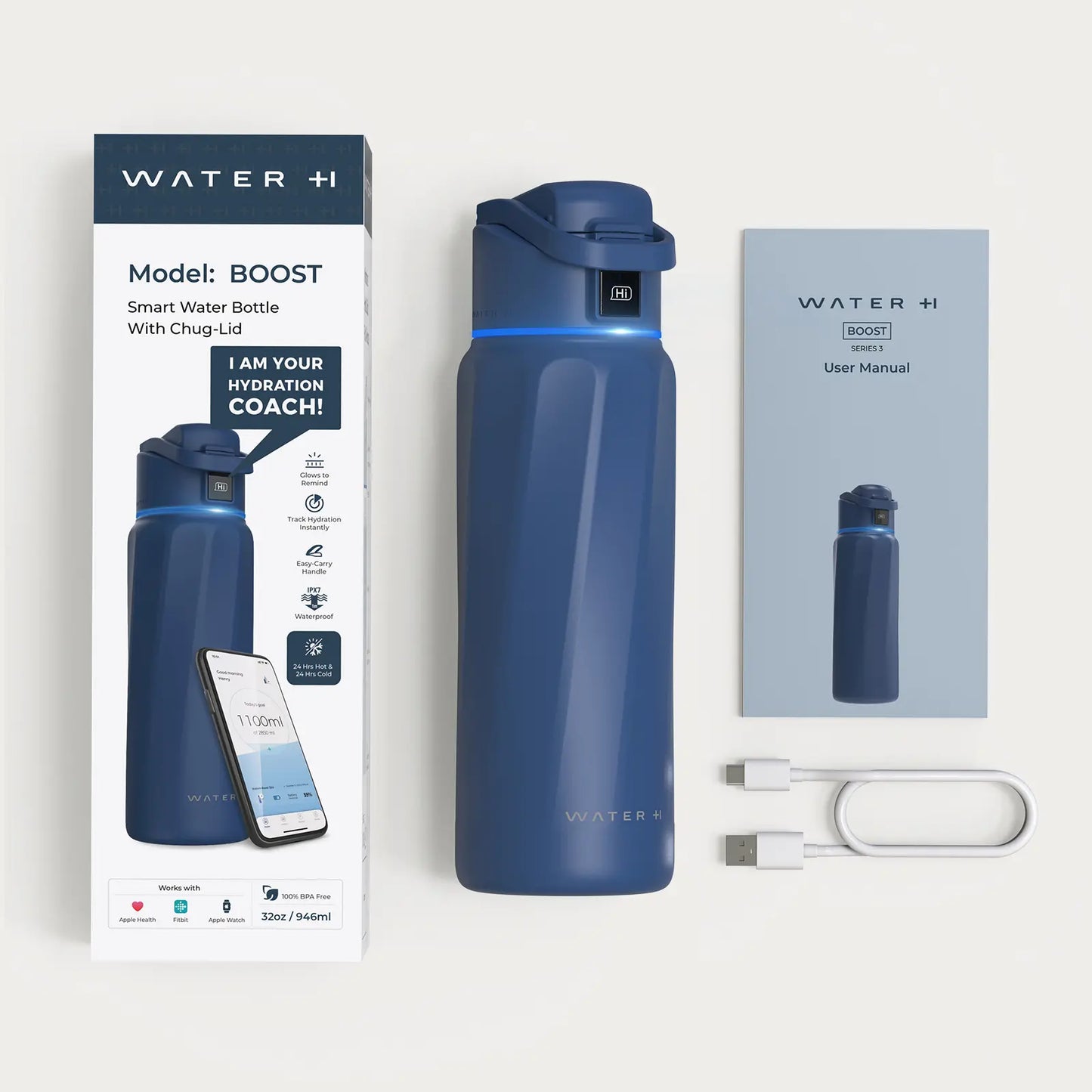WATERH Boost Smart Water Bottle with APP - Insulated Stainless Steel Flask, Water Intake Tracker & Hydration Reminder, Portable Vacuum Thermal Cup, Wide Mouth Water Bottle for Travel & Gym, , Free Christmas Sticker，Ideal Gift