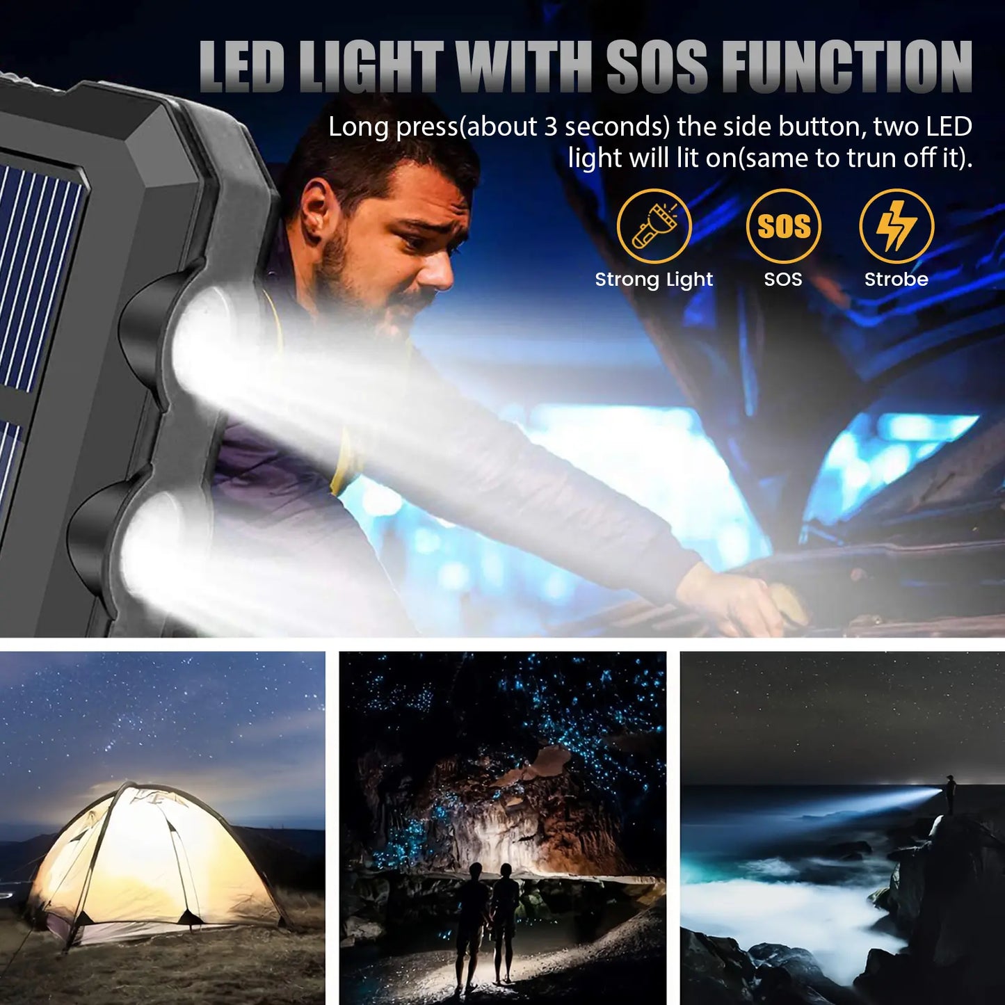 Solar Charger Power Bank 10000Mah, Built-In Super Bright Flashlight, Compass, Dual USB Output Ports Power Bank, Portable Charger for Android, Iphone, Suitable for Outdoor Camping, Suitable for Summer and Mother'S Day Gift.