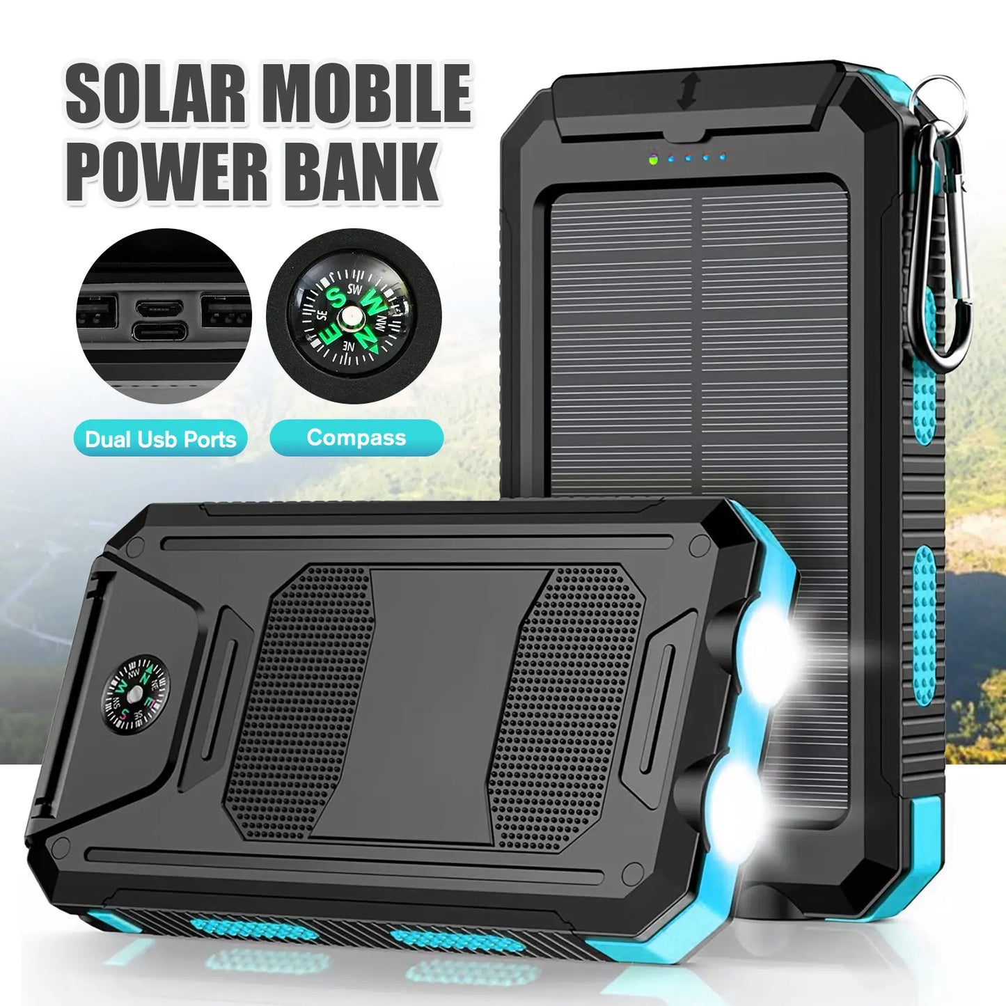 Solar Charger Power Bank 10000Mah, Built-In Super Bright Flashlight, Compass, Dual USB Output Ports Power Bank, Portable Charger for Android, Iphone, Suitable for Outdoor Camping, Suitable for Summer and Mother'S Day Gift.
