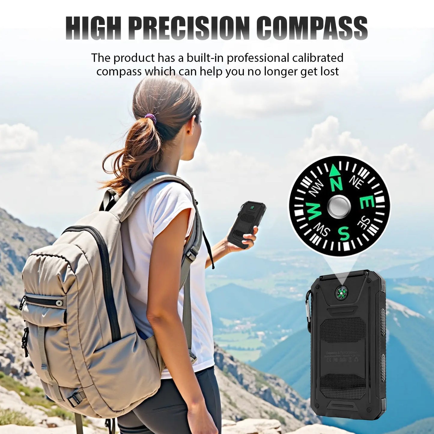 Solar Charger Power Bank 10000Mah, Built-In Super Bright Flashlight, Compass, Dual USB Output Ports Power Bank, Portable Charger for Android, Iphone, Suitable for Outdoor Camping, Suitable for Summer and Mother'S Day Gift.