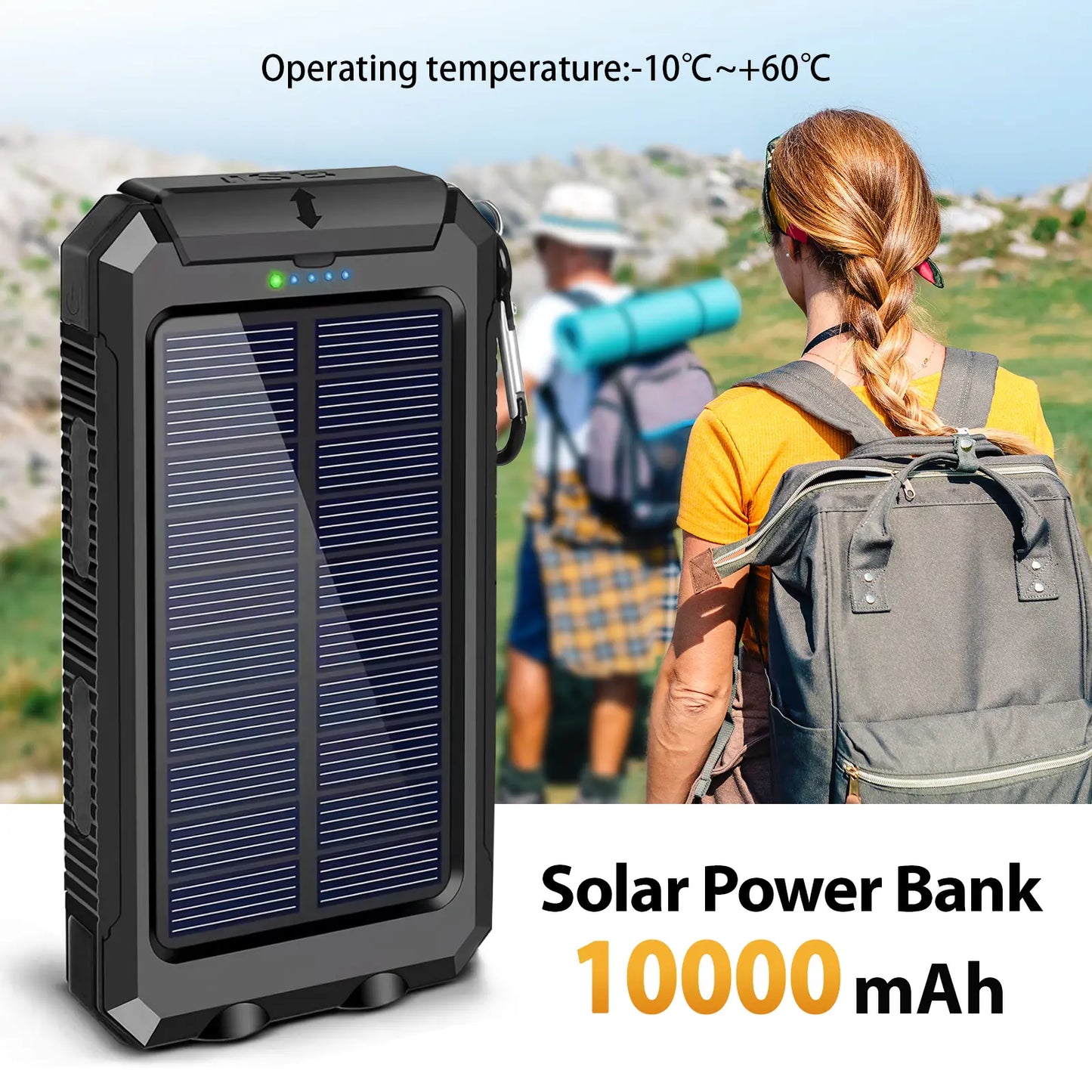 Solar Charger Power Bank 10000Mah, Built-In Super Bright Flashlight, Compass, Dual USB Output Ports Power Bank, Portable Charger for Android, Iphone, Suitable for Outdoor Camping, Suitable for Summer and Mother'S Day Gift.